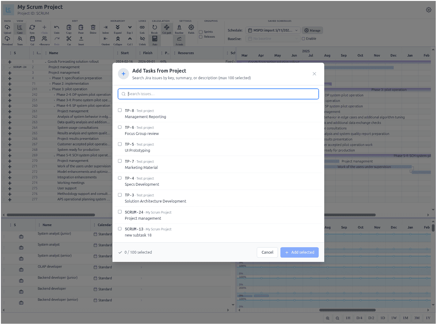Portfolio-scale saved schedules and adding tasks from a Jira project