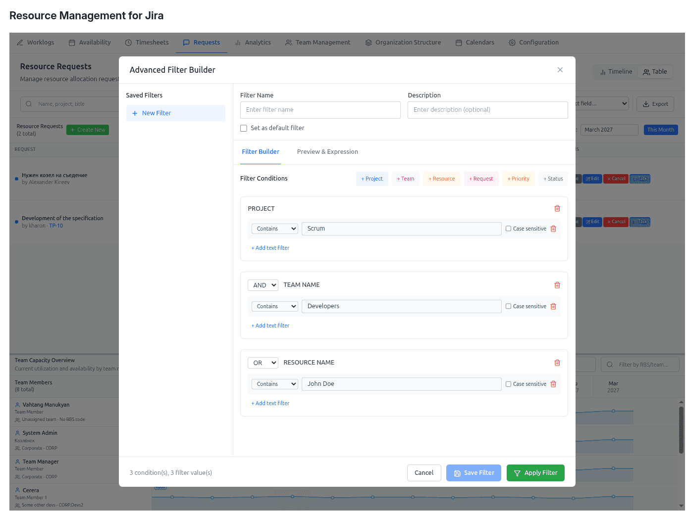 Advanced filter builder with AND/OR logic and saved filters for large portfolios