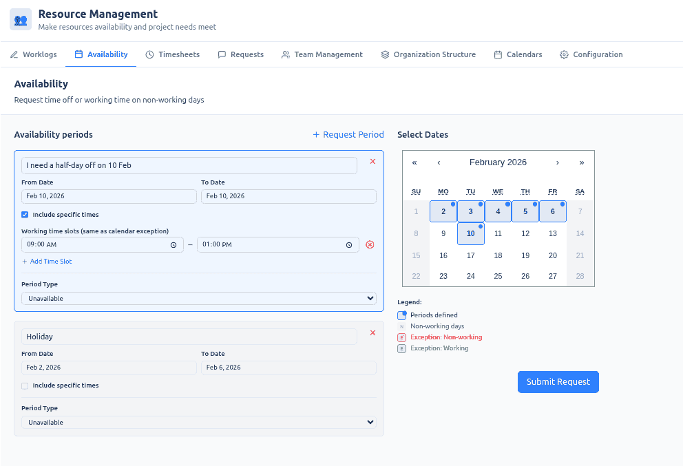 Self-service vacation and time-off requests with manager approval workflow