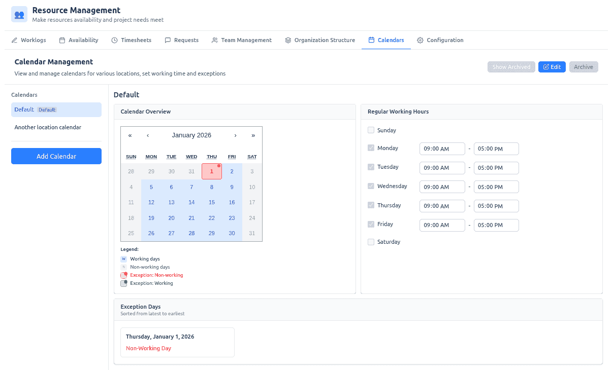 Multi-calendar management with working hours, holidays, and exception days