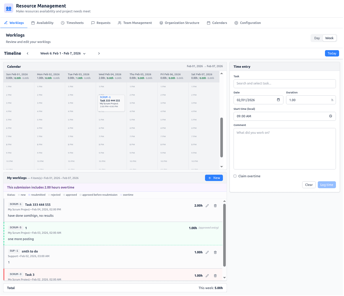 Interactive Jira worklog calendar with day and week views